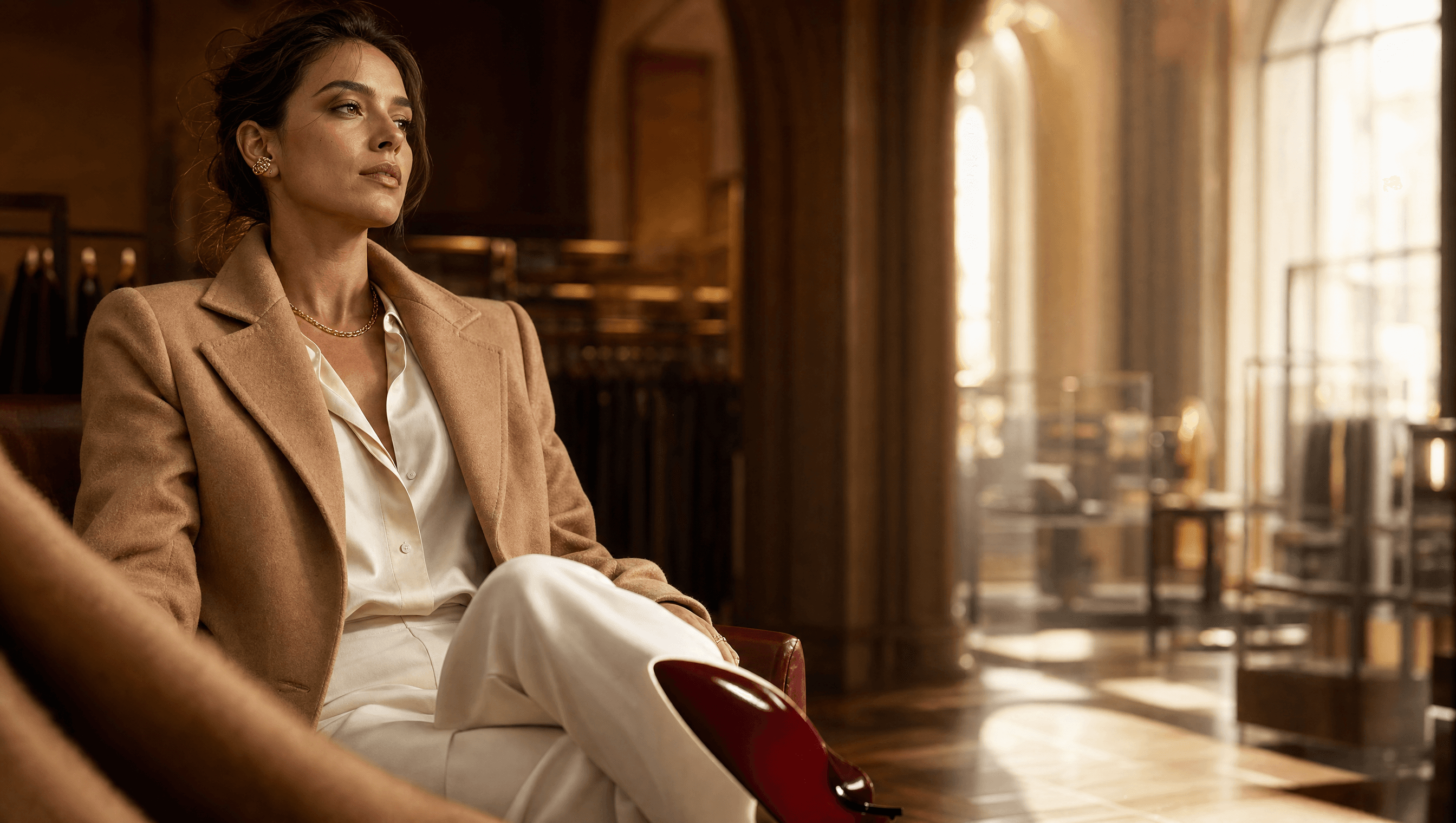 A woman in a camel blazer and ivory silk seated in a light-filled atelier, red-sole heel in view