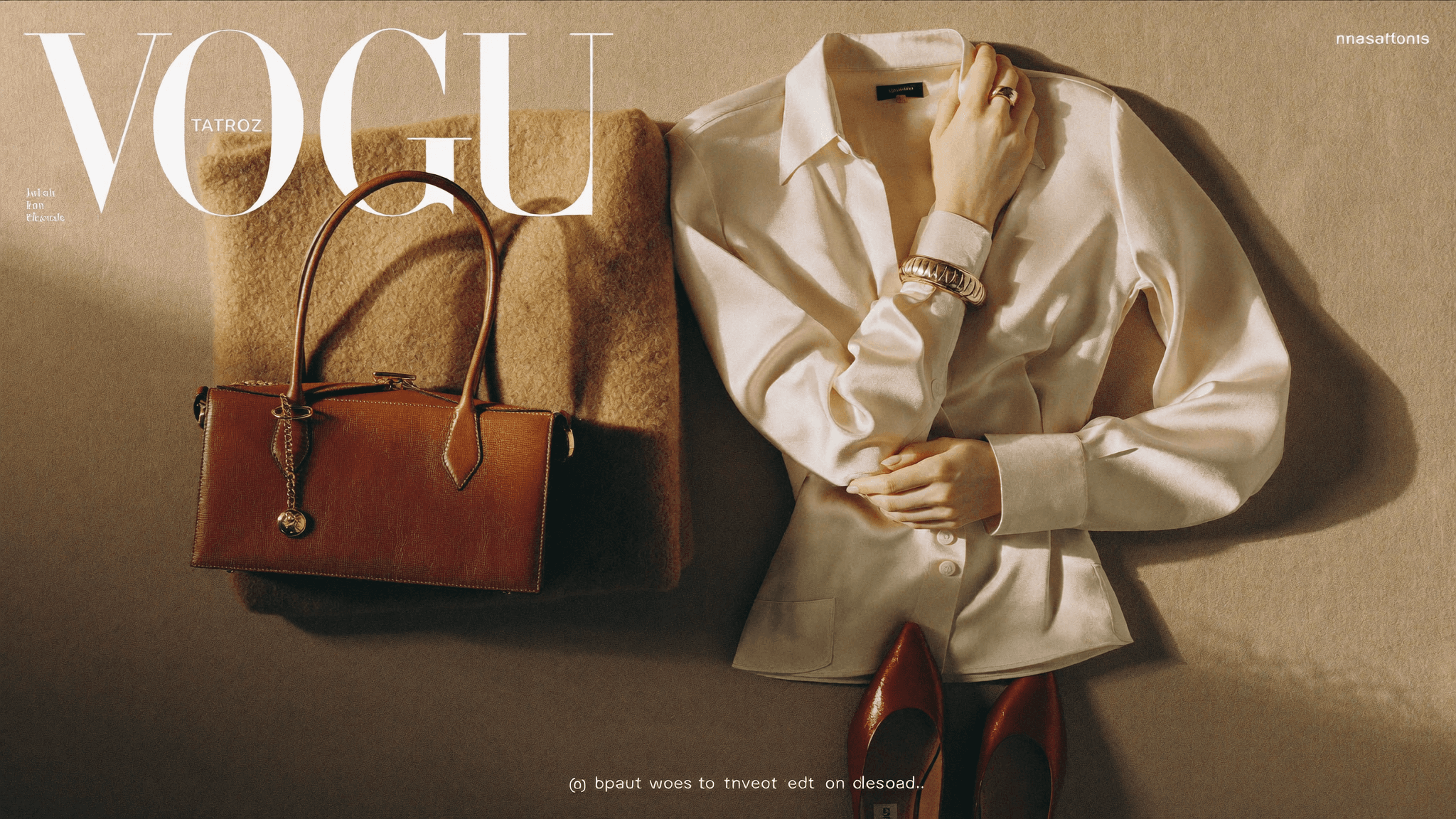 A flatlay of an ivory silk blouse, camel knit, tan leather bag and red pump