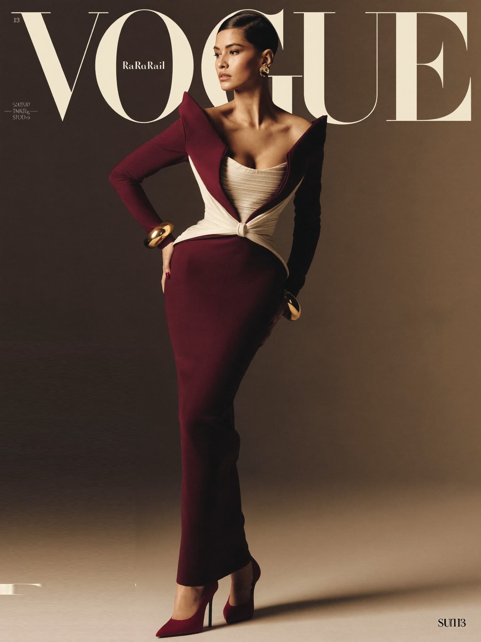 An oxblood column gown with gold cuffs and red-sole heels
